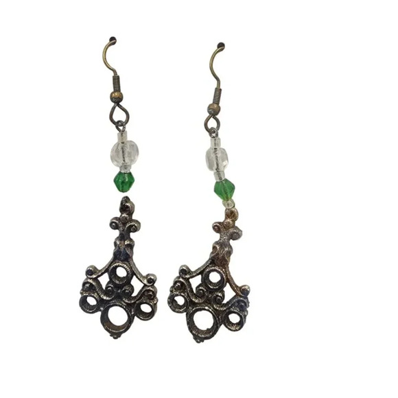 Vintage Jewelry - Vintage 60s-70s Green Faceted Beaded Filigree Charm Dangle Drop Hook Earrings